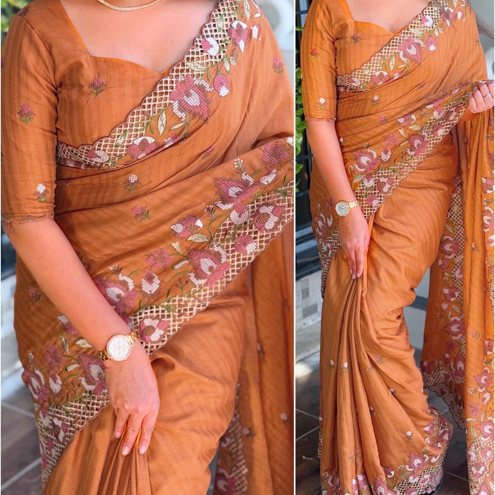 Slub silk cut work saree
