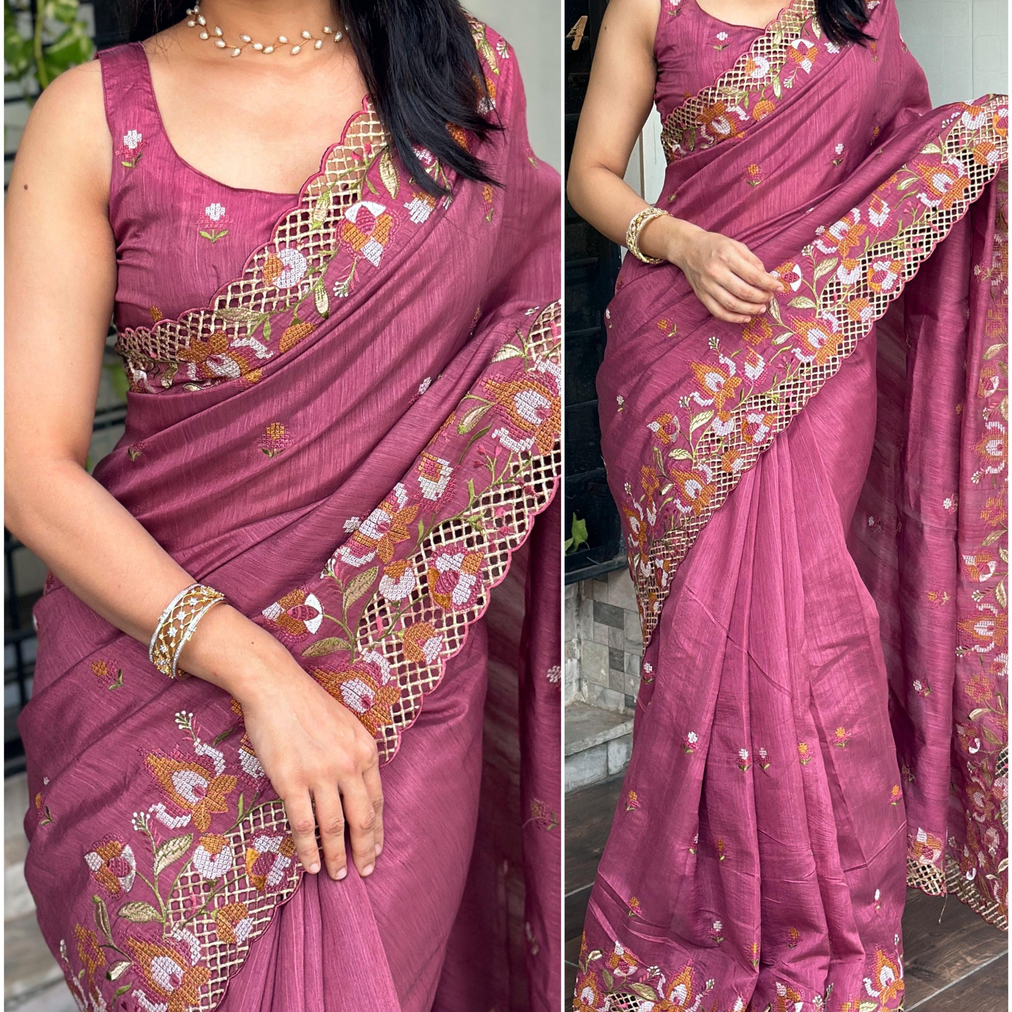 Slub silk cut work saree