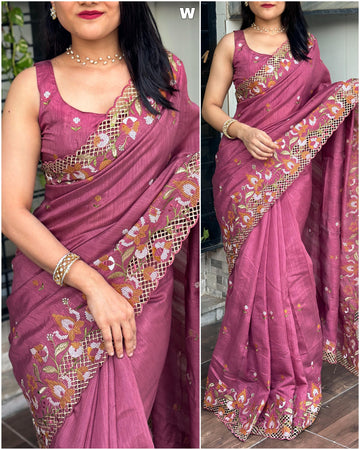Slub silk cut work saree