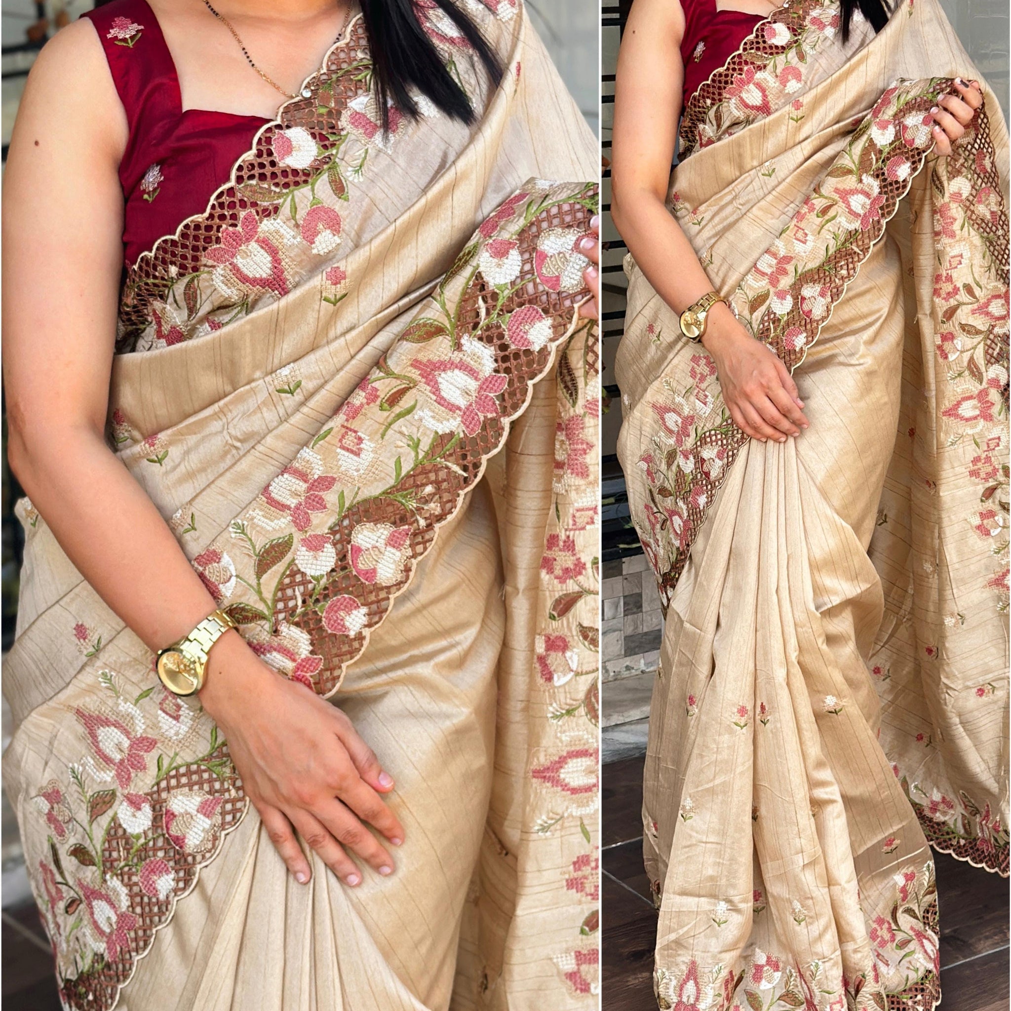 Slub silk cut work saree