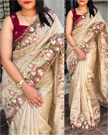 Slub silk cut work saree