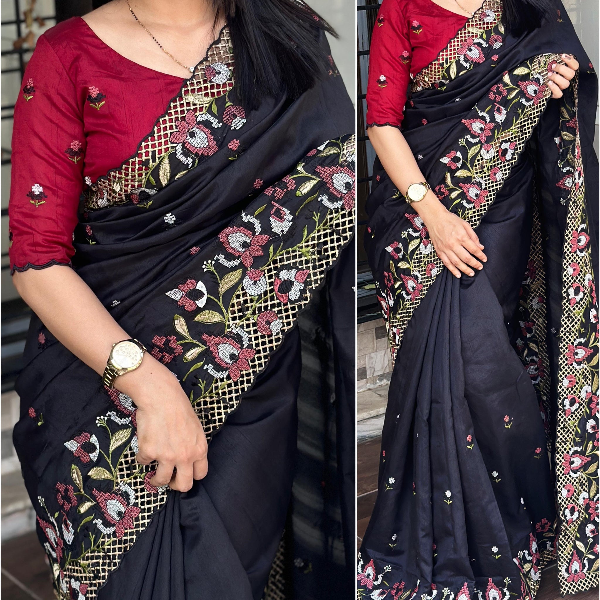 Slub silk cut work saree