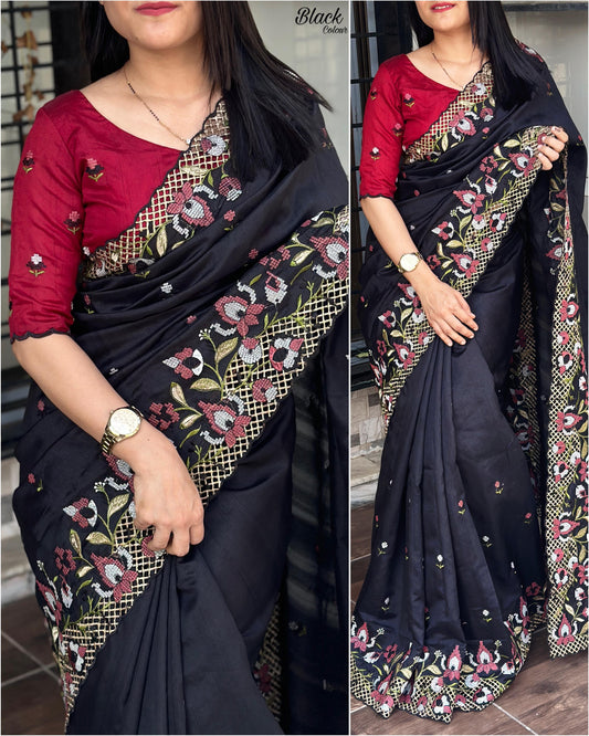 Slub silk cut work saree
