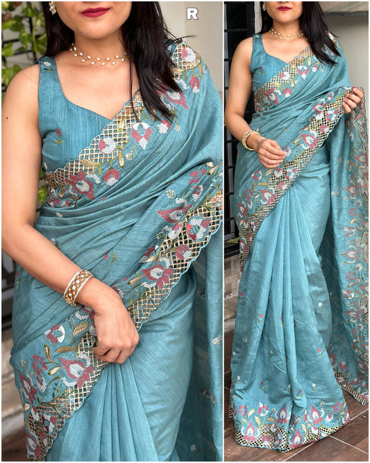 Slub silk cut work saree