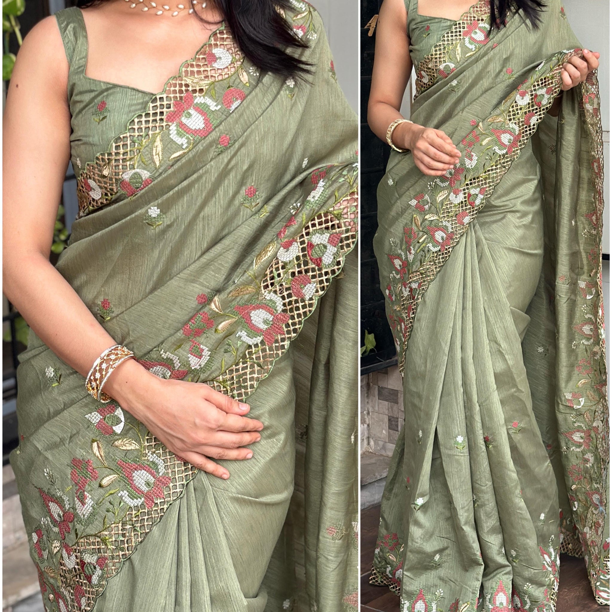 Slub silk cut work saree