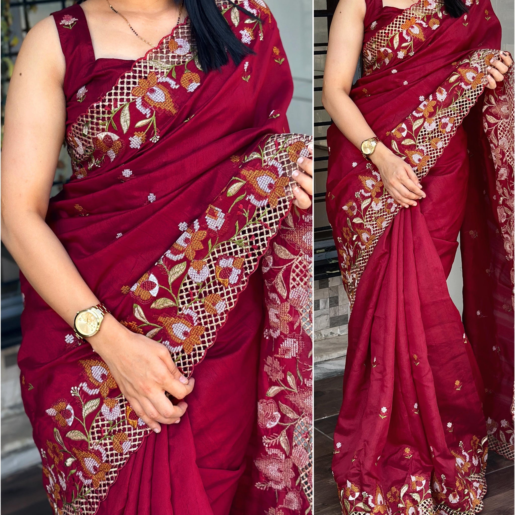 Slub silk cut work saree
