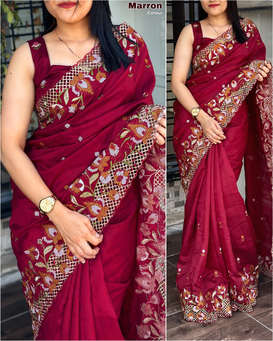 Slub silk cut work saree