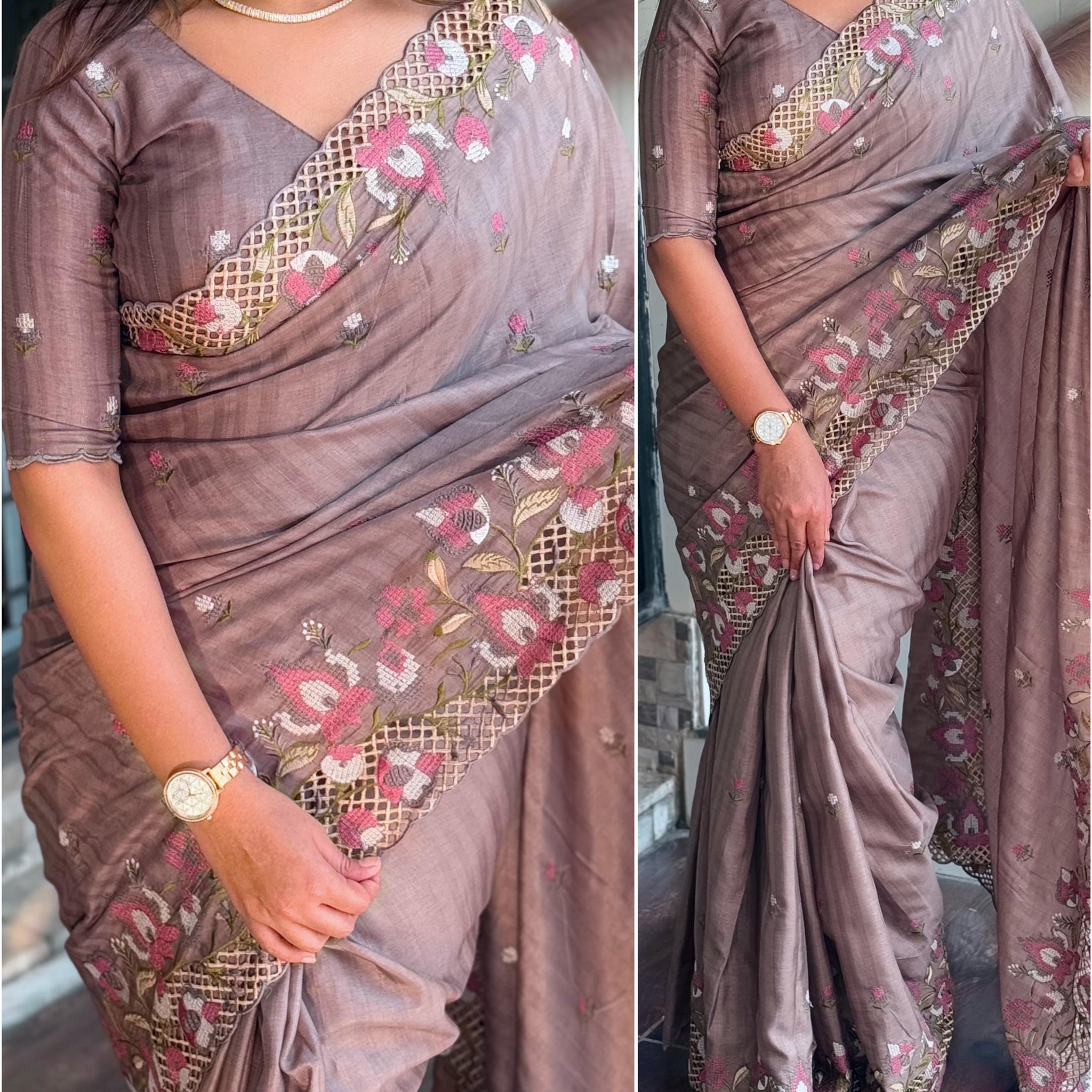 Slub silk cut work saree
