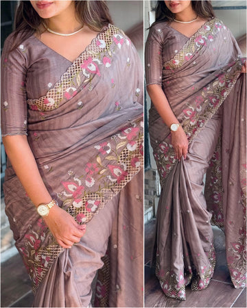 Slub silk cut work saree