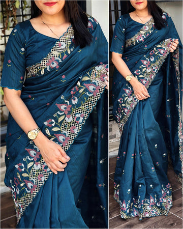 Slub silk cut work saree