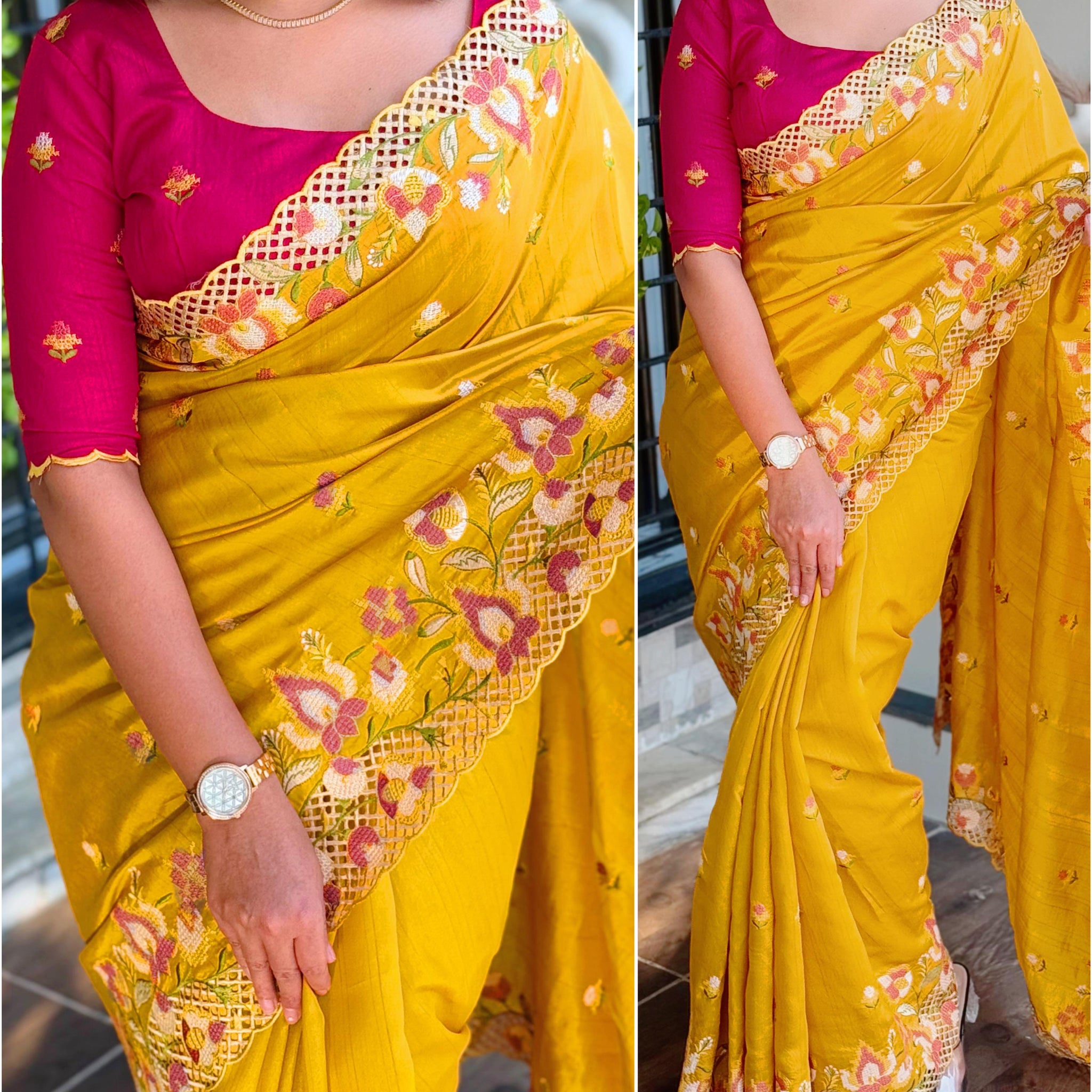 Slub silk cut work saree